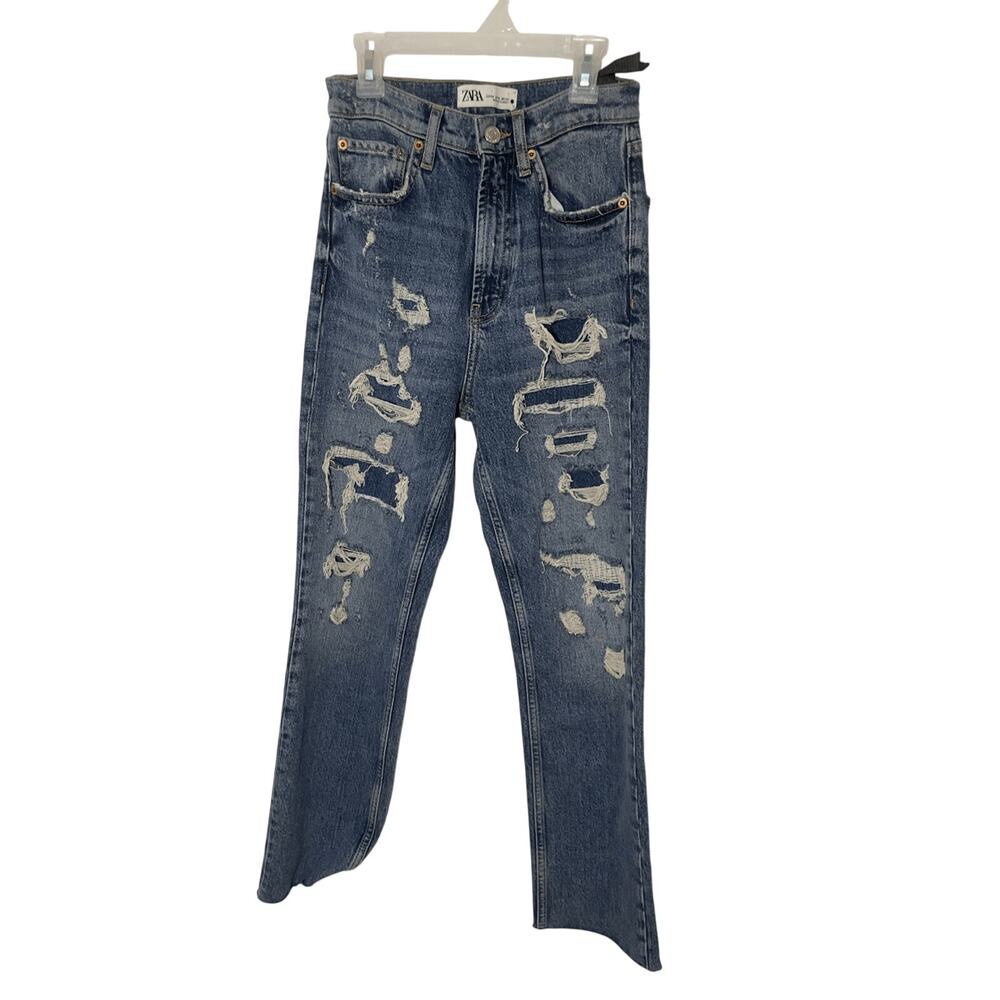 NWT Zara High Waisted Kick Crop Faux Distressed Jeans Casual Dark Wash Denim
